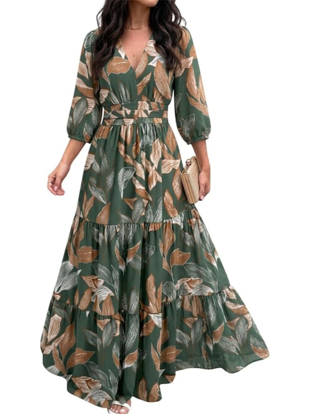 〽️Women’s Green Boho Maxi Dress V Neck 3/4 Puff Sleeve Tiered Ruffle Sundress